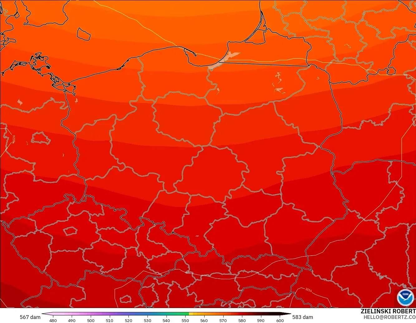 GFS модель - Польша, 500 гПа деңгейіндегі геопотенциал биіктігі