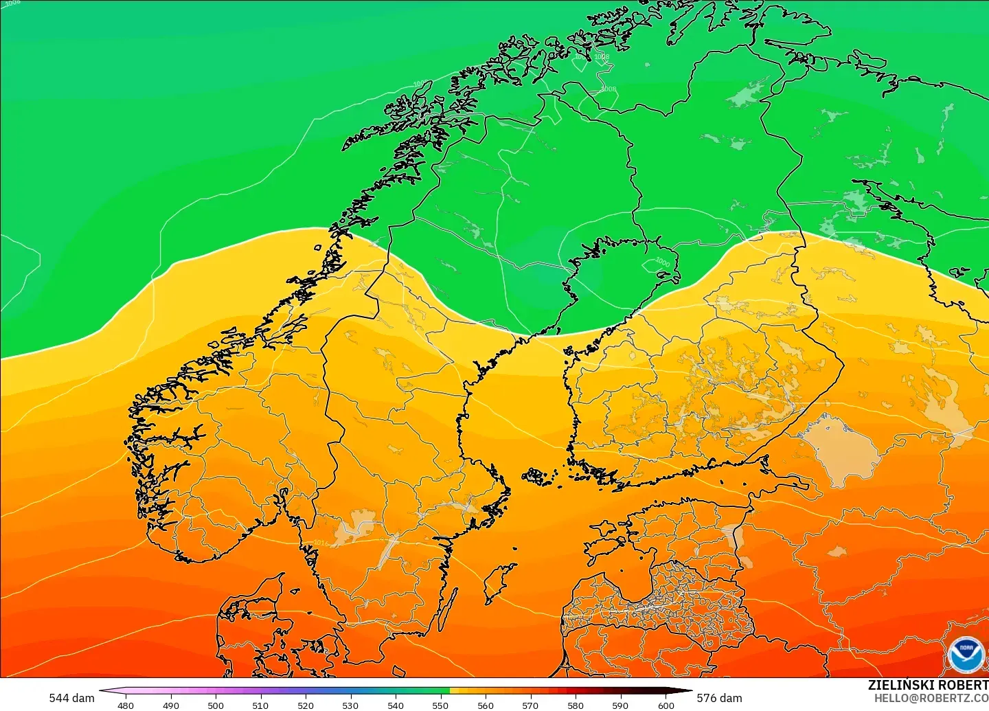 GFS модель - Скандинавия, 500 гПа деңгейіндегі геопотенциал биіктігі