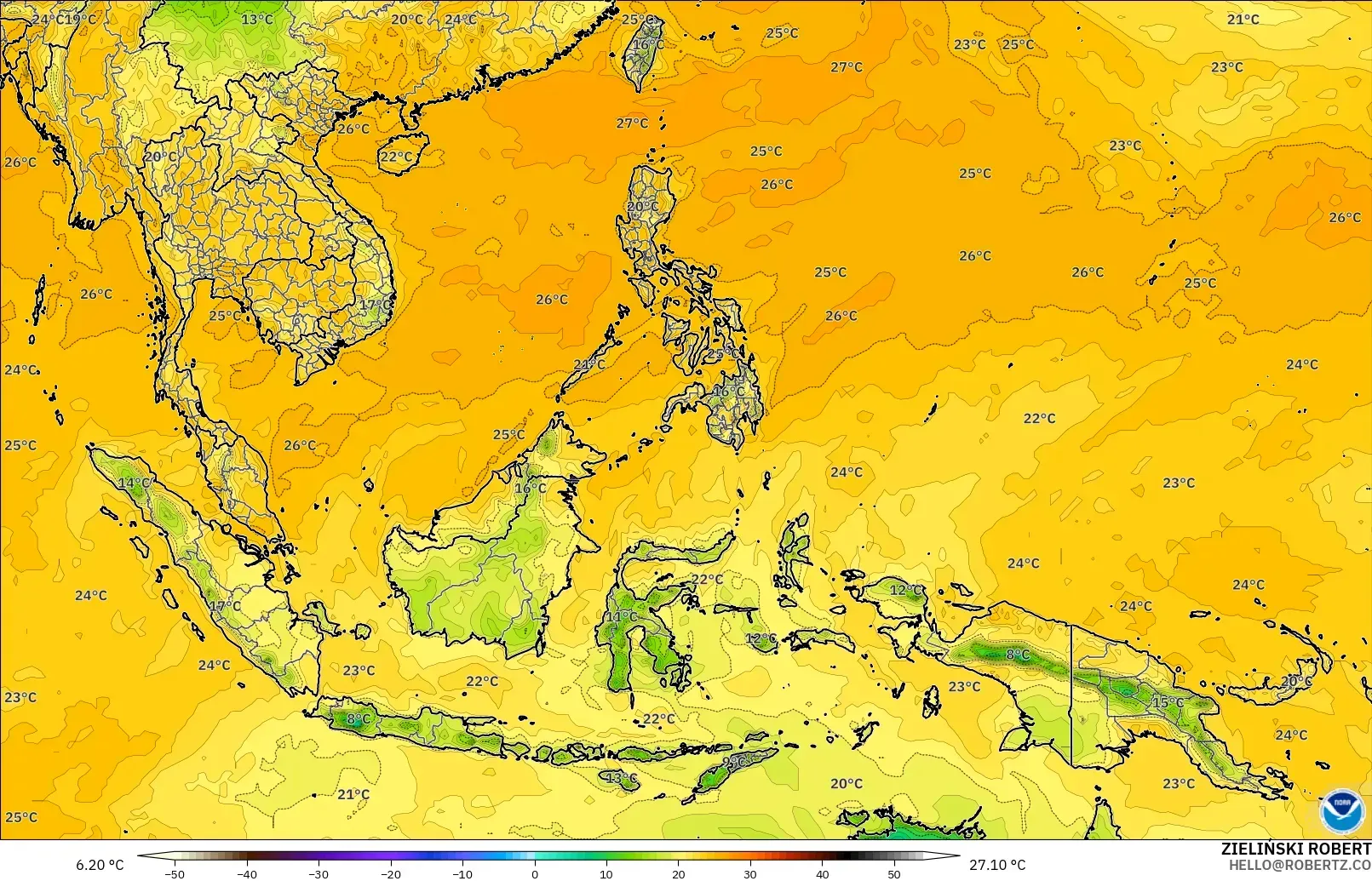 GFS модель - Оңтүстік-Шығыс Азия, Шық Нүктесі 2 м
