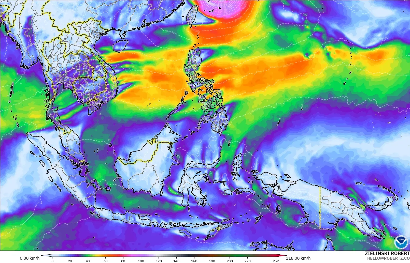 GFS модель - Оңтүстік-Шығыс Азия, Екпінді Жел