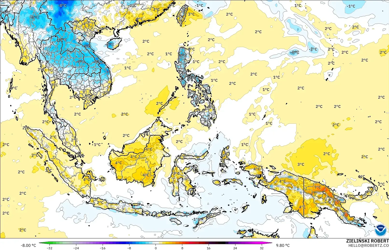 GFS модель - Оңтүстік-Шығыс Азия, 2 м Температура Аномалиясы