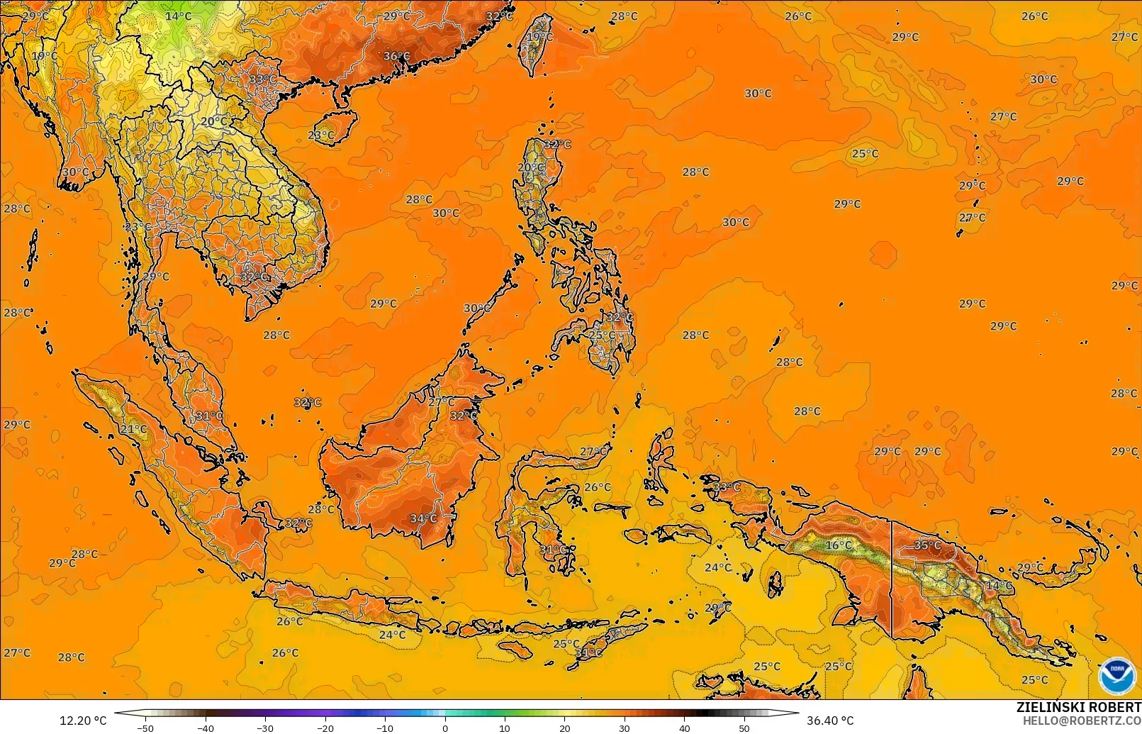 GFS модель - Оңтүстік-Шығыс Азия, Температура 2 м