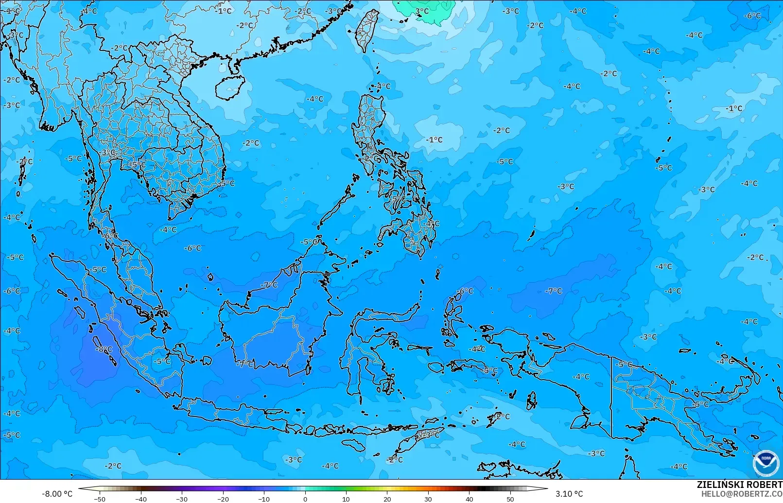 GFS модель - Оңтүстік-Шығыс Азия, Температура 500 hPa