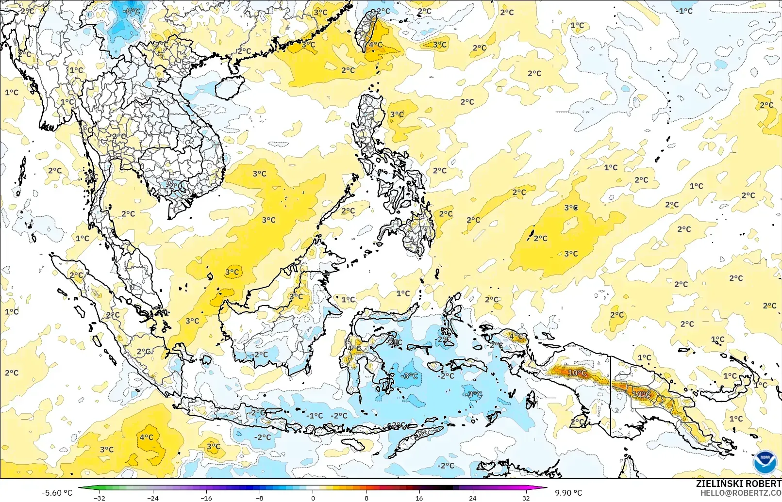 GFS модель - Оңтүстік-Шығыс Азия, 850 hPa Температура Аномалиясы