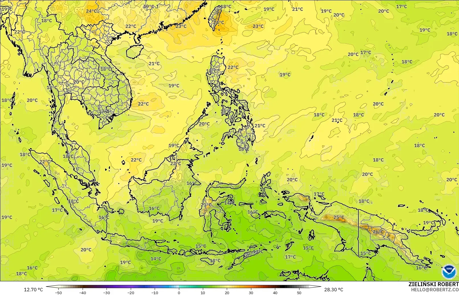 GFS модель - Оңтүстік-Шығыс Азия, Температура 850 hPa