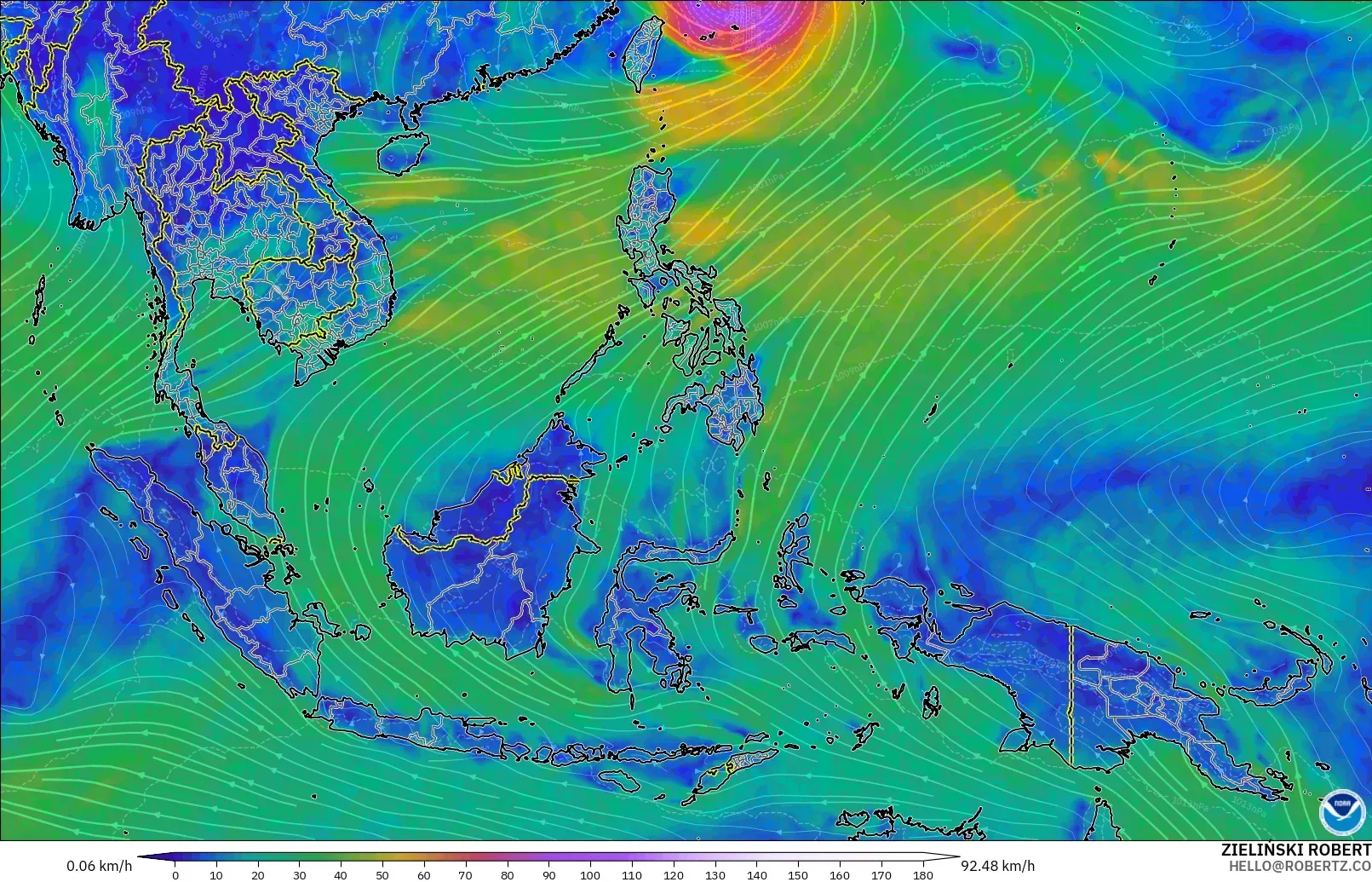 GFS модель - Оңтүстік-Шығыс Азия, Жел 10 м