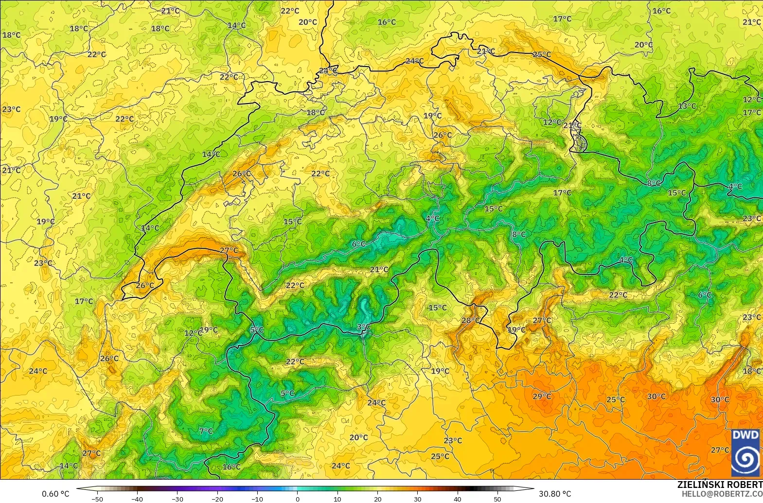ICON Германия 2 км модель - Швейцария, Температура 2 м