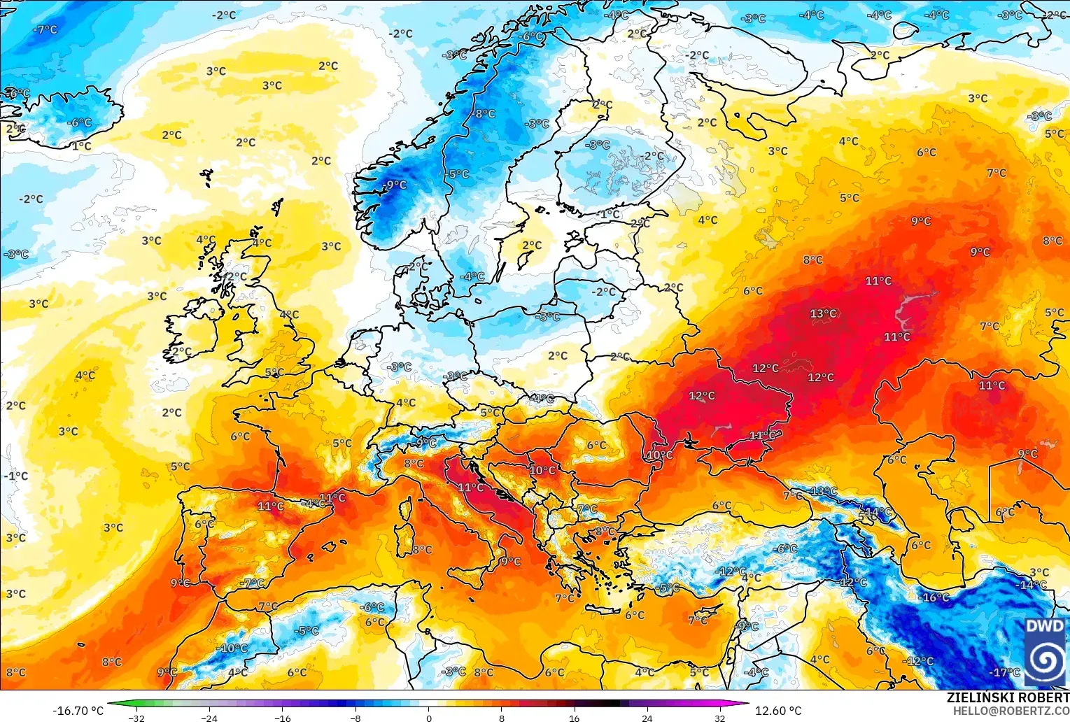 ICON модель - Еуропа, 850 hPa Температура Аномалиясы