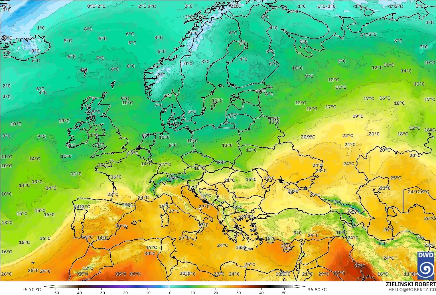 ICON модель - Еуропа, Температура 850 hPa