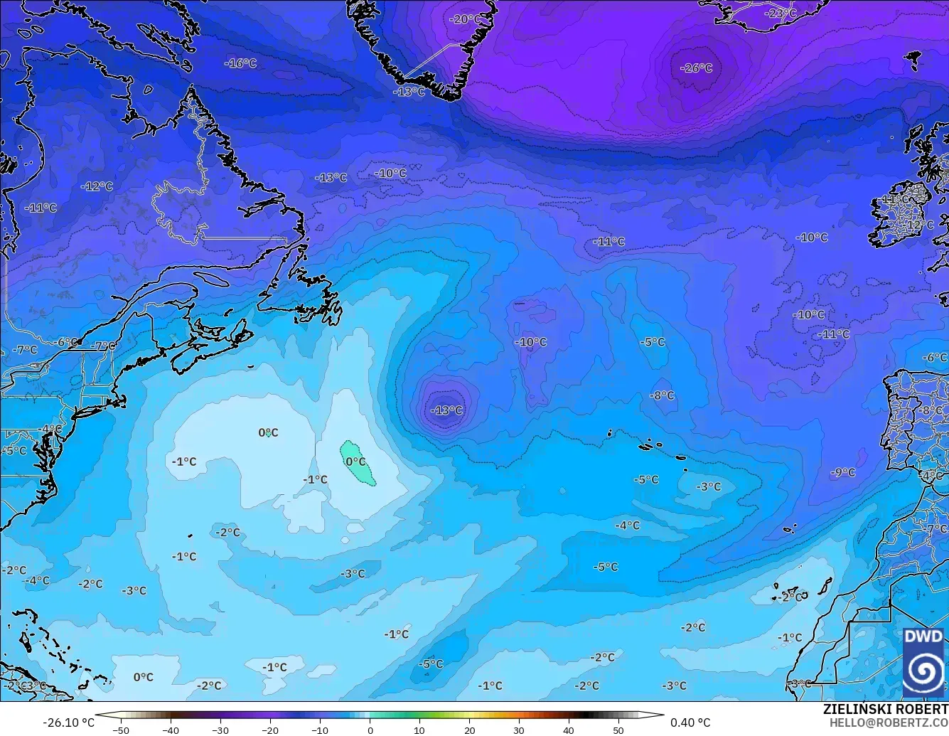 ICON модель - Солтүстік Атлантика, Температура 500 hPa